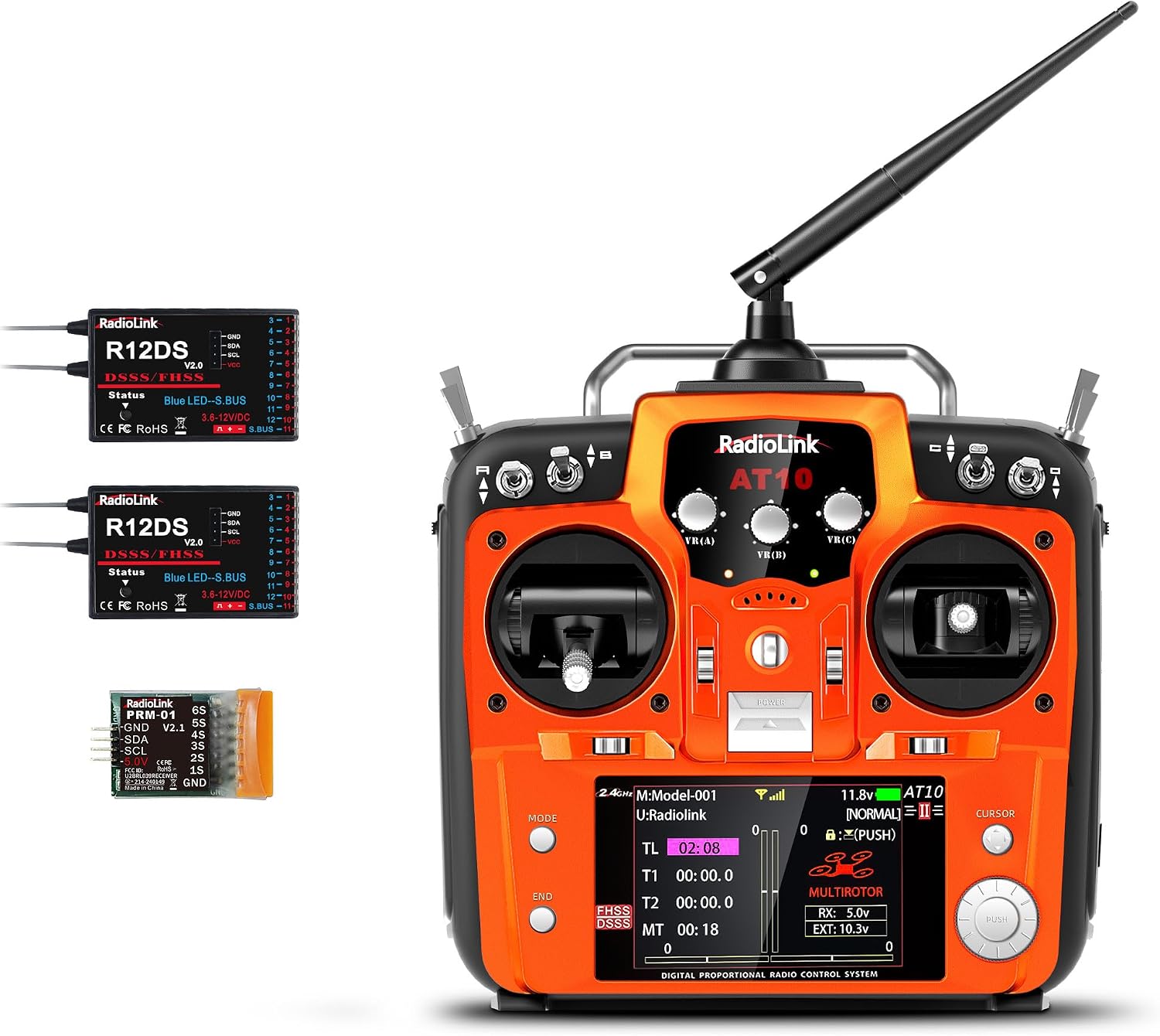 Radiolink AT10II 12CH プロポ送信機と2個R12DS受信機 2.4GHz RC 電圧テレメトリー（モード1）RC飛行機、ドローン、クワッド、ヘリコプター、車、ボート用技適認定済