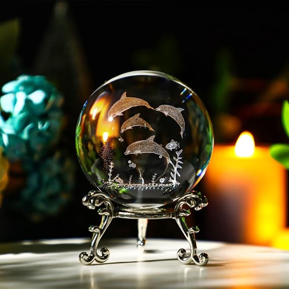 ZEERSHEE 60mm Crystal Ball with Stand 3D Glass Laser Dolphin Decorative Figurines Paperweight for Women