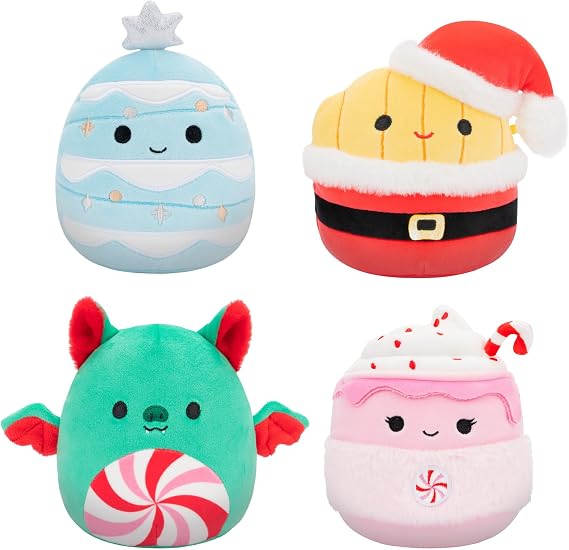 Squishmallows Original 5-Inch Holiday 4-Pack Ethel Hot Chocolate, Floyd French Fries, Keiko Blue Christmas Tree, Ricardo Peppermint Bat Official Jazwares Plush (Little)