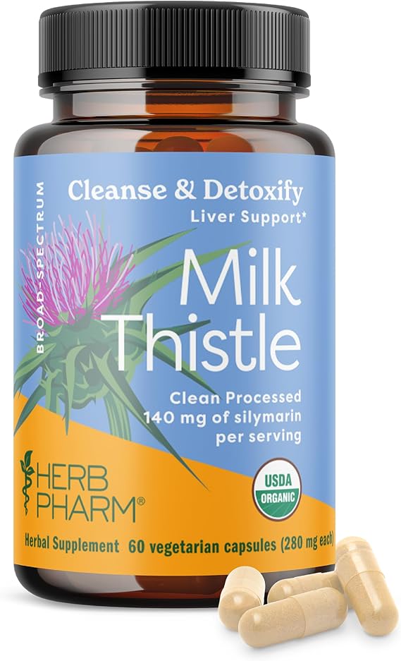 Herb Pharm Milk Thistle Capsules: USDA Organic for Liver Support | Cleanse & Detoxify Supplement | Milk Thistle Extract for Liver Health | 60 Capsules, 20 Day Supply*