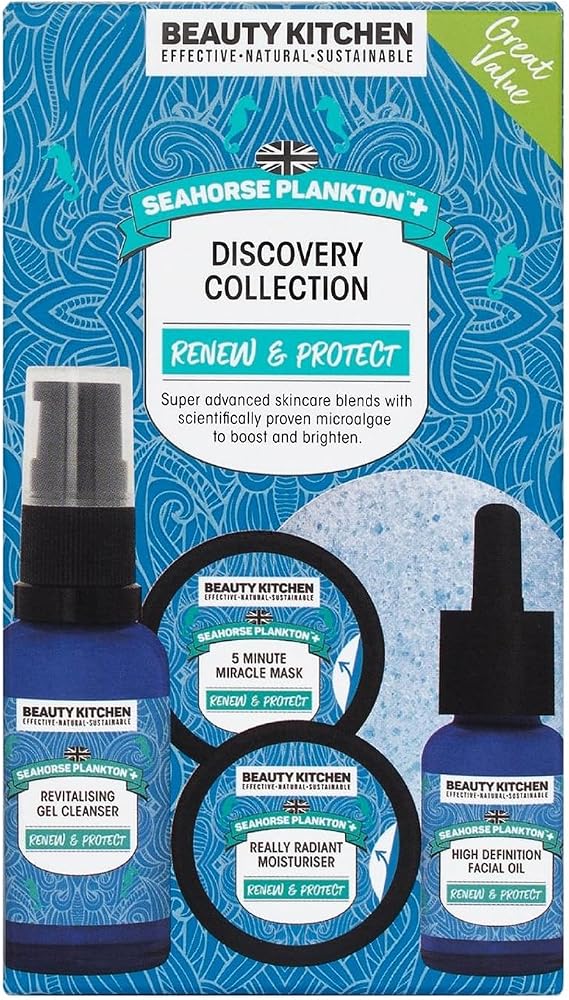 Beauty Kitchen - Seahorse Plankton + Discovery Collection - Hydrating Moisturiser, Cleanser, Mask, Oil & Sponge - For Fine Lines, Wrinkes & Uneven Skin Tone - Vegan/Cruelty Free