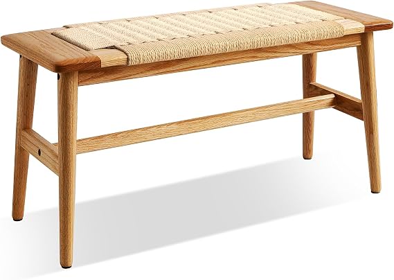 Solid Oak Dining Bench, Rattan Woven Entryway Bench,31.49 inch