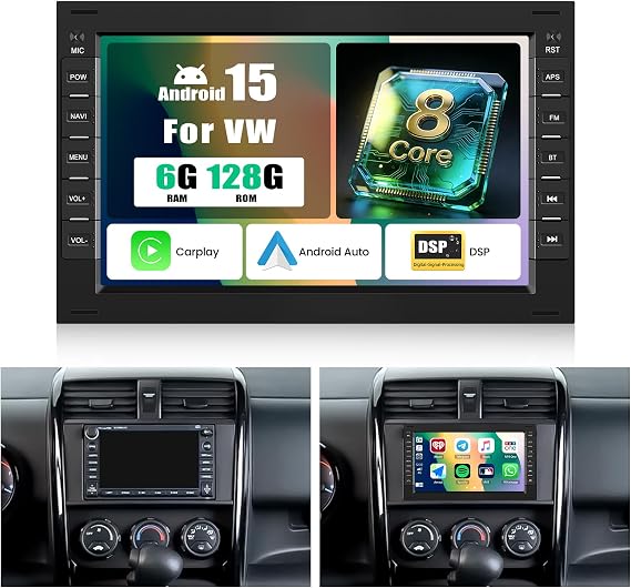 8 Core 6+128G Android 15 Car Radio for VW T5 Golf 4 Bora Polo MK5 Passat B5 Jetta 7 Inch IPS 2.5D Radio with Wireless Carplay Android Car/FM/RDS/32EQ /DSP/GPS/WiFi+ AHD Rear View Camera