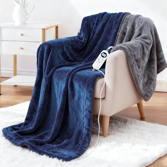 Eastsora Electric Heated Blanket Throw 50''x60'' Soft Dual-Sided Flannel, 12 Heat Settings, Smart Timer, ETL & FCC Certified, Machine Washable (Blue & Gray, Single(50"x60"))