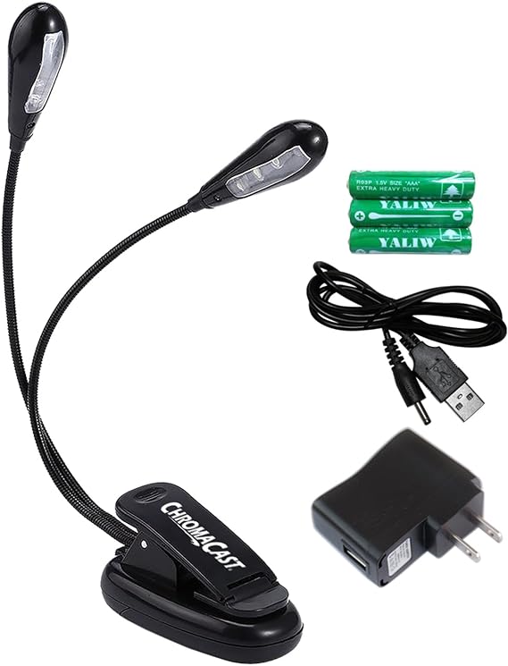 ChromaCast LED Music Stand Clip On Dual Head Book Light Adjustable Lightweight 2 Level Lamp Brightness - Reading in Bed - Includes Batteries & Wall Adapter