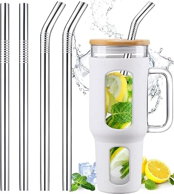 12 Stainless Steel Straws Replacement for Stanley Adventure Quencher 40 oz 30 oz Cup Tumbler, 4 Pack Metal Straws Reusable with Cleaning Brush for Stanley 40 oz & Simple Modern Tumbler with Handle