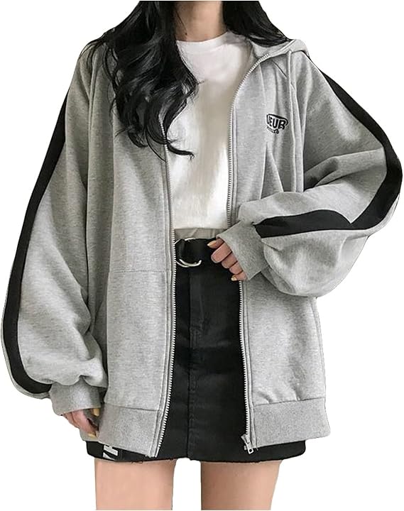 Zip Up Hoodie Women Casual Oversize Basic Hoodies Y2k Hippie Baggy Sweatshirt Comfy Jacket Teen Girls Gothic Clothing Gray