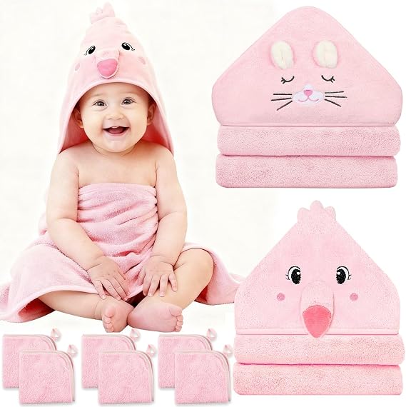 Sublaga 8 Pcs Baby Towel Set, Soft Baby Bath Towels and Washcloths Set, 2 Pcs 32x32 in Cute Baby Towel with Hood and 6 Pcs Baby Washcloths for Infants, Toddlers and Kids Pink Kitten & Flamingo