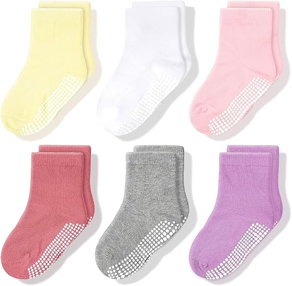 CozyWay Baby & Toddler Socks With Grippers Non Slip Crew Grip Socks for Girls and Boys Soft Comfy Cotton - 6 Pack