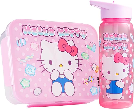 Get Trend Hello Kitty Sanrio Kids Bento Lunch Box & 640ml Water Bottle Set, BPA-Free Snack Lunch Box with Compartment Set for School, Travel and Picnic, School Supplies Girls Gifts (Pink Hello Kitty)