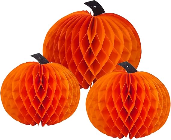 3 Pcs Paper Pumpkin Honeycomb Centerpieces for Tables, 3D Paper Hanging Pumpkin Party Decorations for Thanksgiving Fall Festival Party Supplies