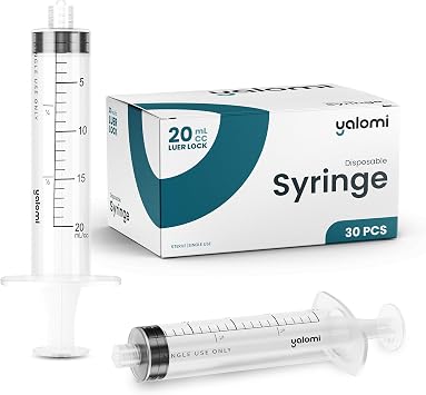 20mL Luer Lock Syringe (No Needle) | Sterile & Individually Wrapped | Professional, Industrial & Personal Use | 30 Pack | Yalomi