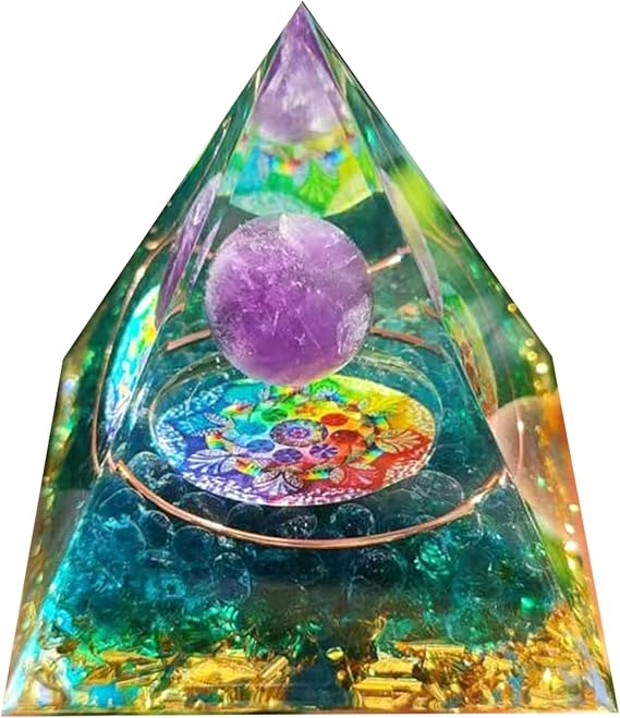 Mokeum Orgone Pyramid for Positive Energy, Amethyst Crystal Sphere Pyramid, Protection Crystals Energy Generator for Stress Reduce Healing Meditation Attract Wealth Luck (Crystal Pyramid-Green)