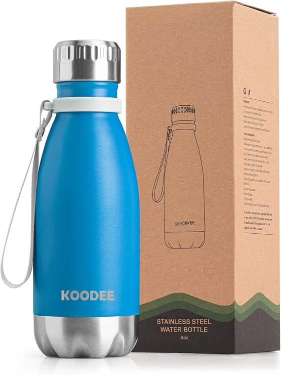 koodee Water Bottle for School-9 oz Stainless Steel Double Wall Vacuum Insulated Water Bottle for Back to School, Cola Shape Leak Proof Sports Flask (Sky Blue)