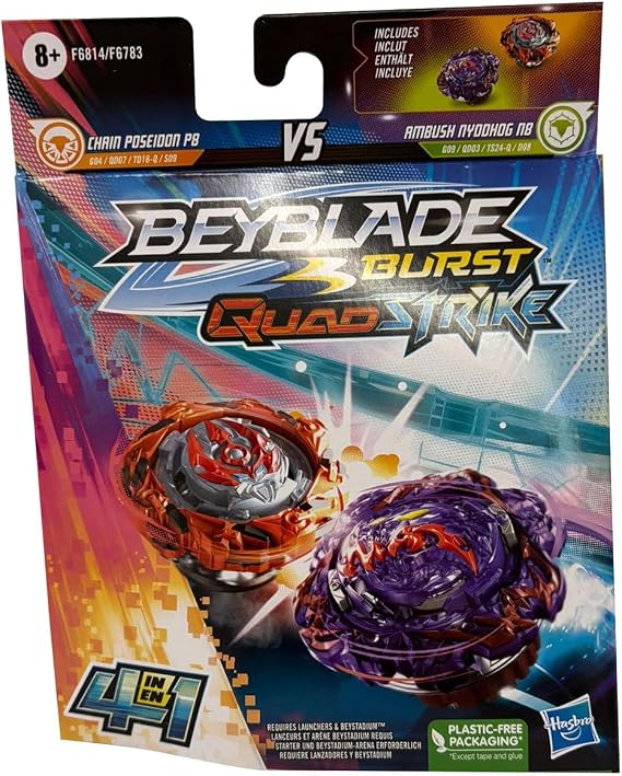 Beyblade Burst QuadStrike Dual Pack, Ambush Nyddhog N8 & Chain Poseidon P8 Competition Spinning Top