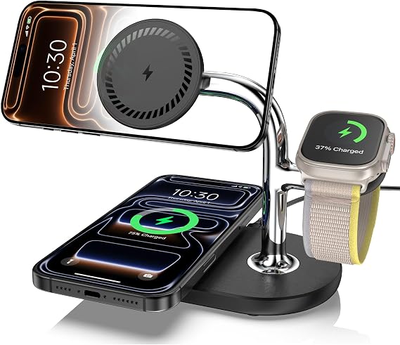 Inductive Charging Station for Apple 3 in 1 Wireless Charger for iPhone 17/16/15/14/13/12 Series MagSafe Double Charging Station for Apple Watch 10/9/8/7/6/SE Inductive Charger for AirPods 4/Pro