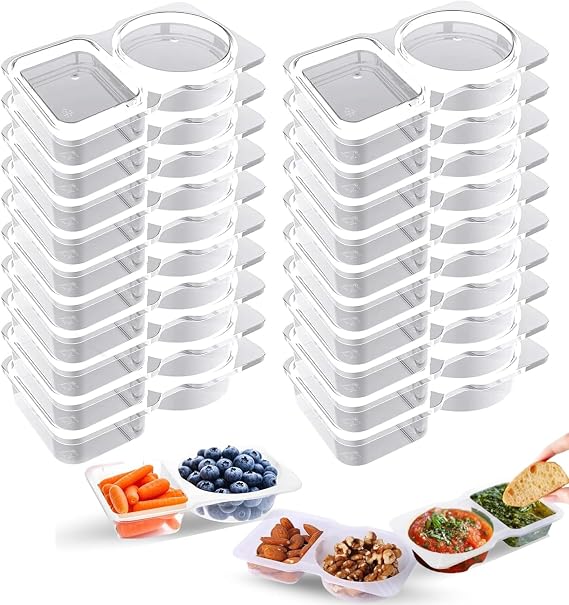 Reusable Snack Pack Containers - Double Compartment Snack Containers, Portable Thickened and Reusable Snacks Packs, 2 Compartment Hinged Lid Clear Plastic Portion Cups (20pack)