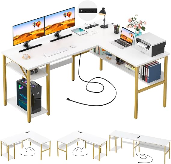 Unikito Reversible L Shaped Desk with Magic Power Outlets and USB Charging Ports, Sturdy Corner Computer Desk with Storage Shelves, Gaming Table Home Office Desk, Easy to Assemble, White and Gold