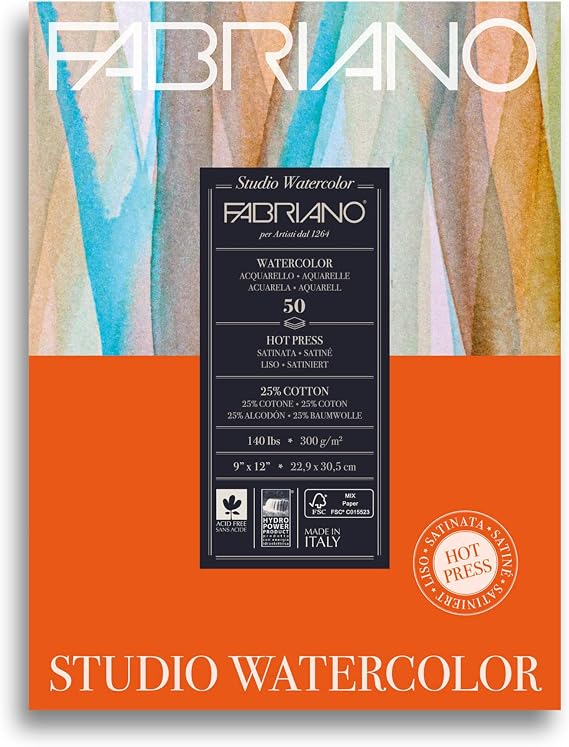 Fabriano Studio Watercolor Pad, Hot-Press, 9" x 12", 140 lb., 50 Sheets, White