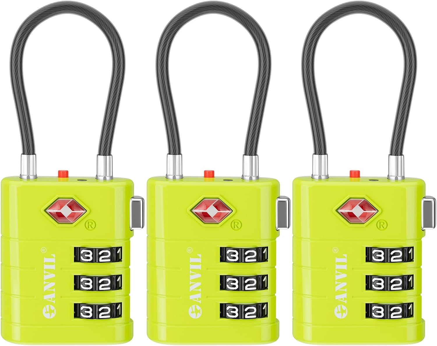 ANVIL TSA Approved Luggage Locks – High Security TSA008 Combination Travel Locks with Inspection Indicator for Suitcases and Backpacks. 3, Grass Green