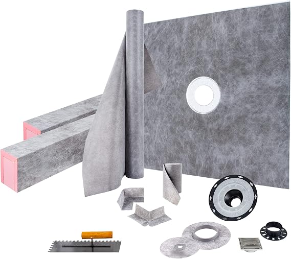 VEVOR Shower Curb Kit, 121.9 x 121.9 cm Watertight Shower Curb Overlay with 10.2 cm ABS Central Bonding Flange,10.2 cm Stainless Steel Grate,2 Cuttable Shower Curb and Trowel,Shower Pan Slope Sticks