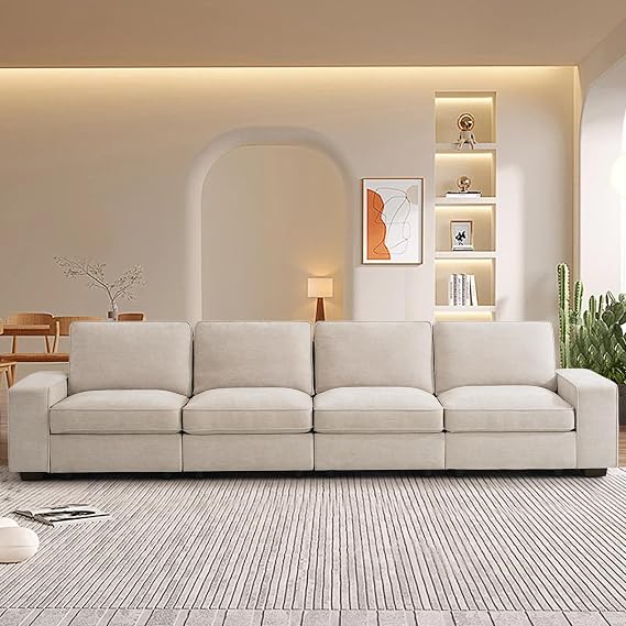 128" Modular Sofa Couch with Large Seats Storage, Chenille Sofa,Modern Comfy 4-Seater Couch for Living Room, Office, Deep Seat, Wide Armrest, Side Pockets, USB Port, Removable Covers, Beige