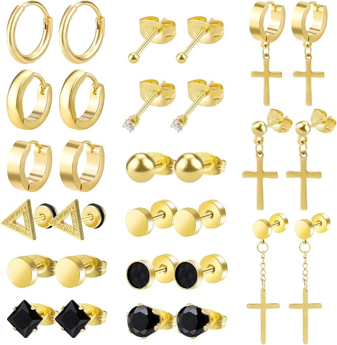 15 Pairs Earrings for Men Black Stud Earrings Mens Earrings Stainless Steel Earrings for Men Women Jewelry Piercing Men Earrings Set