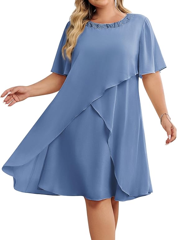 Hanna Nikole Plus Size Dress for Curvy Women 2026 Wedding Guest Dress Sequined Crew Neck Cocktail Dress with High Low Hem