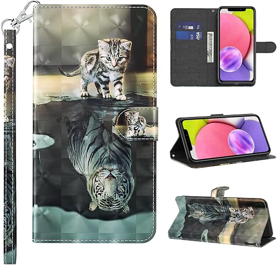 for Samsung Galaxy S22 Case, Wallet Flip Folio Cute 3D Cartoon Painted PU Leather Case Girls Women Card Slots Kickstand Magnetic Closure TPU Bumper Cover for S22 - Cat&Tiger
