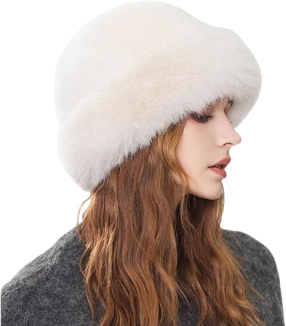 ZGMYC Faux Fur Trimmed Beanie Hats for Women Girls Russian Style Furry Winter Bucket Hats Warm Ski Snow Hat