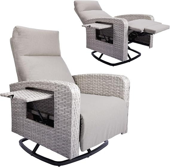 ZZW Outdoor 360 Swivel Rattan Recliner Chair Set of 2 Patio Wicker Chaise Lounge Chair 350 lbs with Adjustable Backrest & Footrest & Side Table
