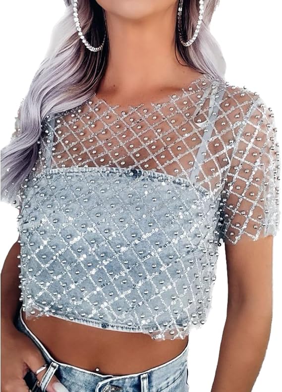 Aelidiya Women Mesh Pearl Crop Top Glitter Rhinestone Sequin Long Sleeve T-Shirt See Through Sheer Blouse Shirt Tops Clubwear