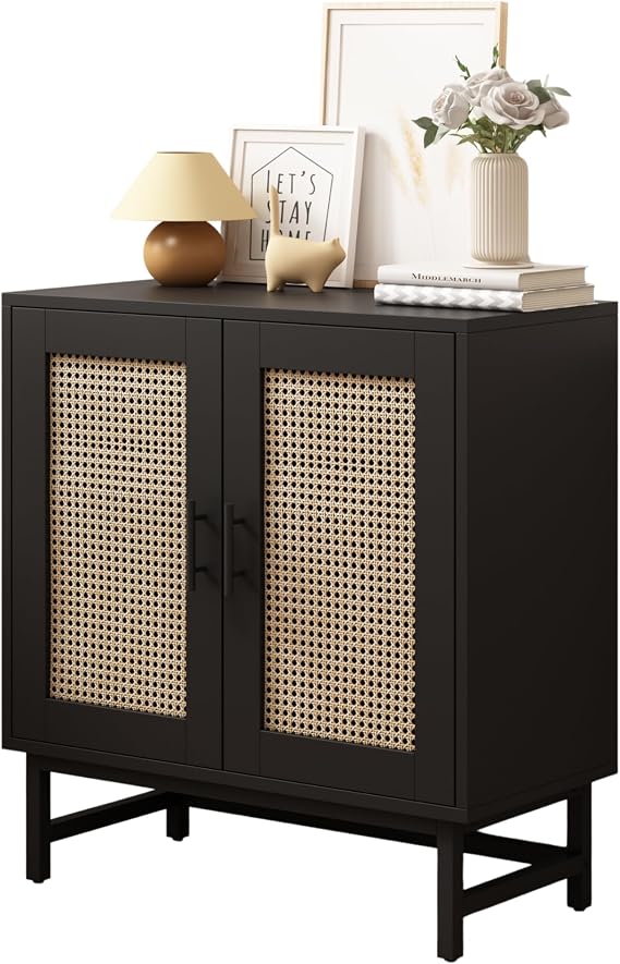 2 Door Sideboard Storage Unit Cabinet with Metal Frame,Wooden Storage Cupboard for Living Room/Bedroom/Kitchen,Rattan Style,77x37x80cm (Black)