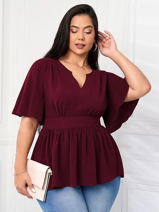 SHESTARR Women's Plus Size Peplum Tops V Neck Short Sleeve Summer Tops Babydoll Dressy Casual Top