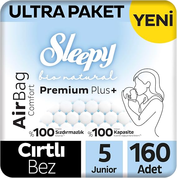 Sleepy Bio Natural Premium Plus Airbag Comfort Ultra Paket Bebek Bezi 5 Numara Junior 160 Adet