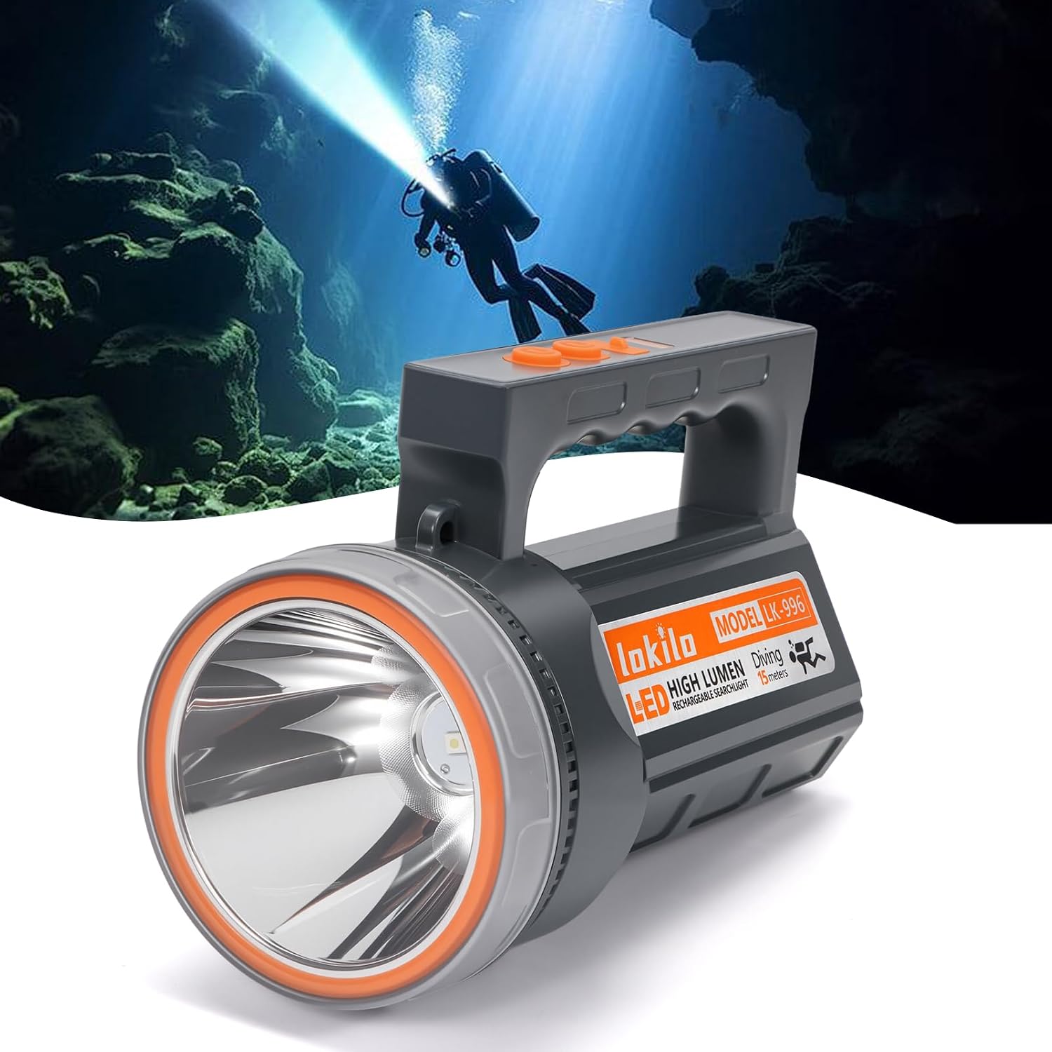 Rechargeable Diving Flashlight with Power Display, IP68 Waterproof and Submersible, Dual Switch 4 Modes Portable LED Searchlight for Camping, Night Dive, Indoor and Outdoor Use LK-996White Light