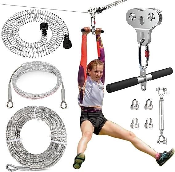 Zip Line for Adults Outdoor with 150FT 1/4" Stainless Steel Cable | Up to 500 Lbs Zipline Kit with Zip Line Trolley with Handle, 9.84FT Spring Brake for Backyards, Outdoor Playground Equipment