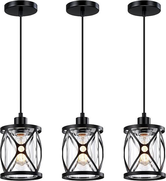 MEXO Modern Pendant Lights Kitchen Island 3 Pack with Clear Glass, Adjustable Hanging Pendant Light Over Table, Black Dining Room Lighting Fixture 1018PD-BK-3PK
