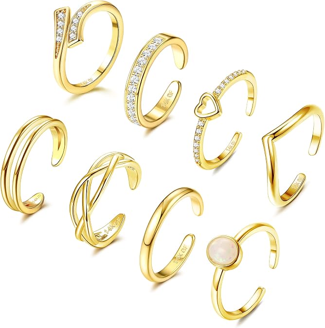 FIBO STEEL 8Pcs 14K Gold Plated Toe Rings for Women Non Tarnish Adjustable Toe Rings Set Open Band Simple CZ Toe Ring Summer Beach Foot Jewelry