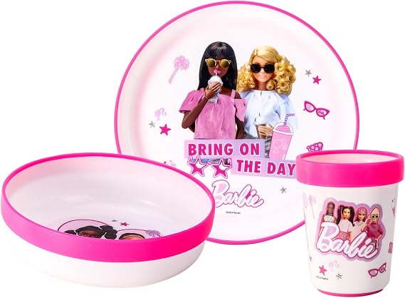 Barbie 3pcs Reusable Bicolor Kids Dinner Tableware Set - 100% BPA-Free