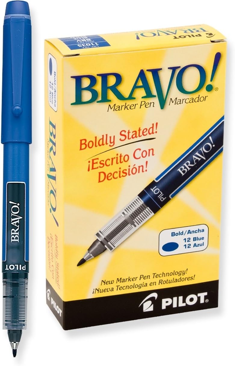 PILOT Bravo Liquid Ink Marker Pens, Bold Point, Blue Ink, 12-Pack 11035