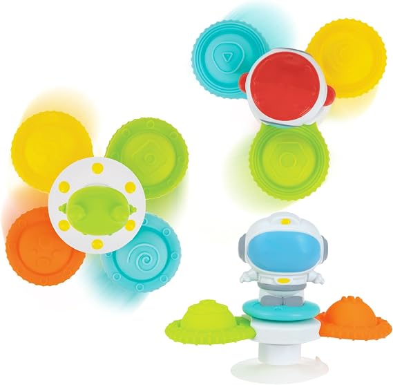 Nuby Suction Spinner Toys with Spinning Poppers 3 Pack Baby Fidget Toys for High Chair & Bath, Space Theme, 12m+