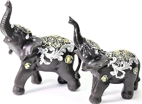 Feng Shui 2 Black Elephants Trunk Statue Lucky Figurine Gift Home Decor