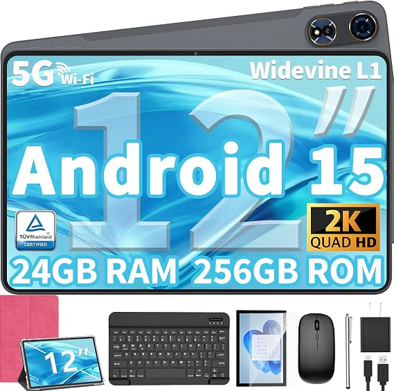 QDDQ 12 Inch Tablet Android 15 Tablets, 2026 Upgraded Android Tablet with Keyboard, 24GB RAM+256GB ROM(1TB Expand), Octa-Core, 2K 2000x1200 Display, 16MP Dual Camera, 8000mAh, 2.4G/5G WiFi, GPS (Pink