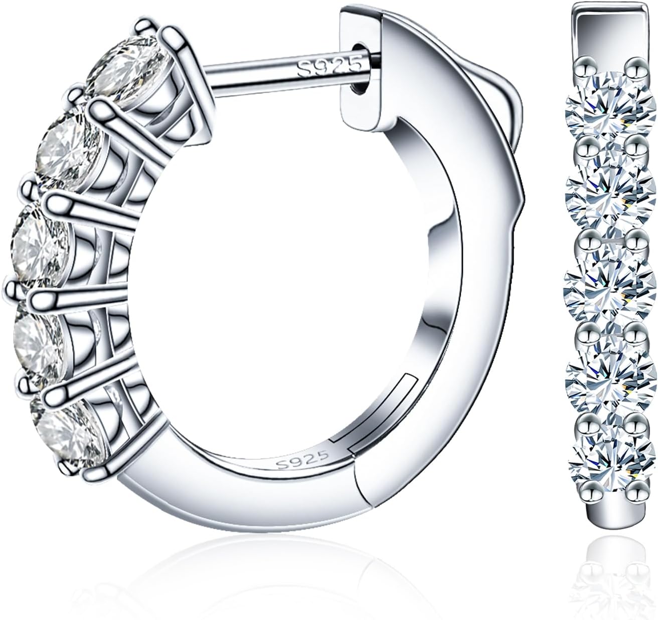 Moissanite Huggie Earrings for Women, 18K White Gold Plated 925 Sterling Silver Hypoallergenic Small Hoop Earrings