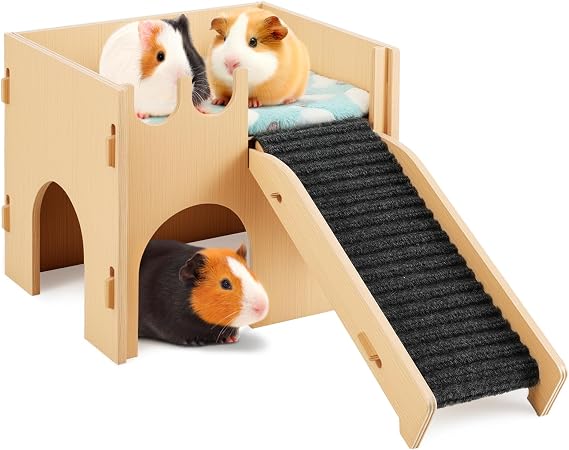 Pawaboo Guinea Pig and Hamster House, 2-in-1 Guinea Pig Hideout with Stairs and Cushion, Sturdy Wooden Hamster Castle Easy to Assemble, Detachable Small Animal House Bed Hut Habitats with Ramps
