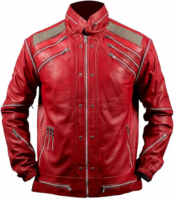 Mens Red Beat It Style Leather Jacket with Silver Zippers & Stand Collar