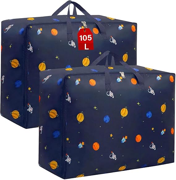 Duvet Storage Bag 105L, 2Pcs Underbed Clothes Storage Bags with Zips King Size Oxford Cloth Moving Laundry Bags for Quilt Blankets Bedding Pillows Moisture Breathable Proof No-Smell (Blue)