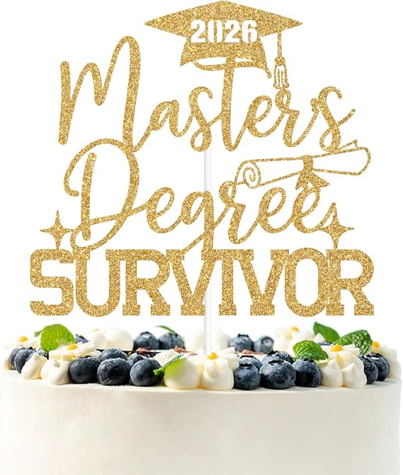 Gold Glitter Master's Degree Survivor Cake Topper, Mastered It/Happy Master's Degree, 2026 Master Graduation Party Decorations Supplies