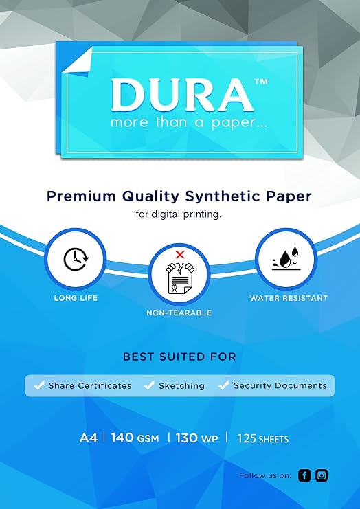 DURA Tear-proof Paper | White | A4 size | 140 GSM | 125 Sheets | For Digital Printing Purposes With Advanced Features & Longetivity